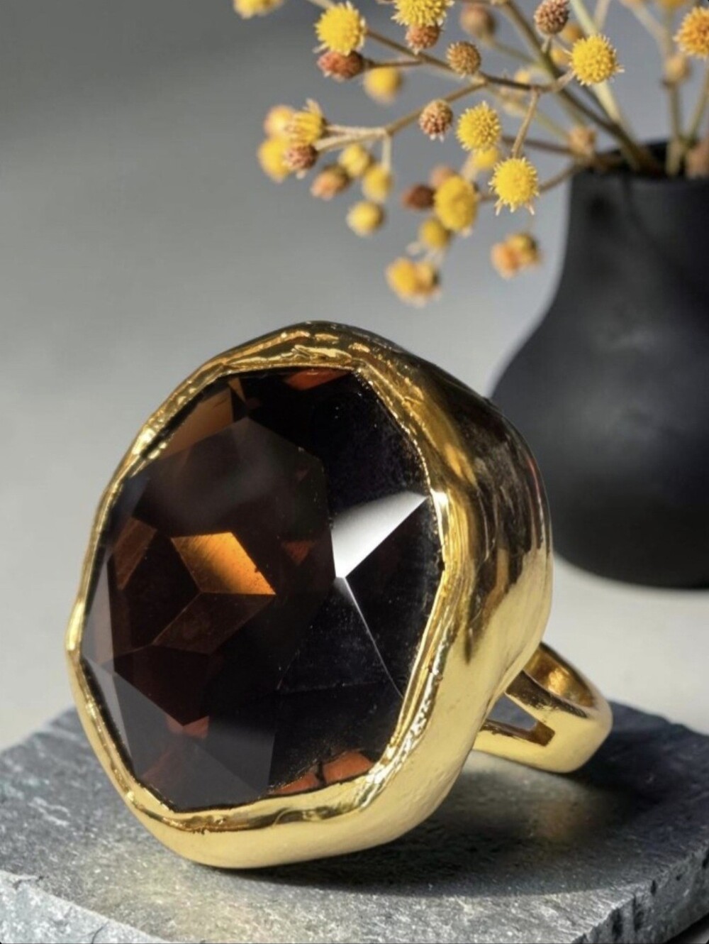 Huge 18k Gold Plated Smokey Topaz Austrian Cushion Cut Crystal Statement Ring